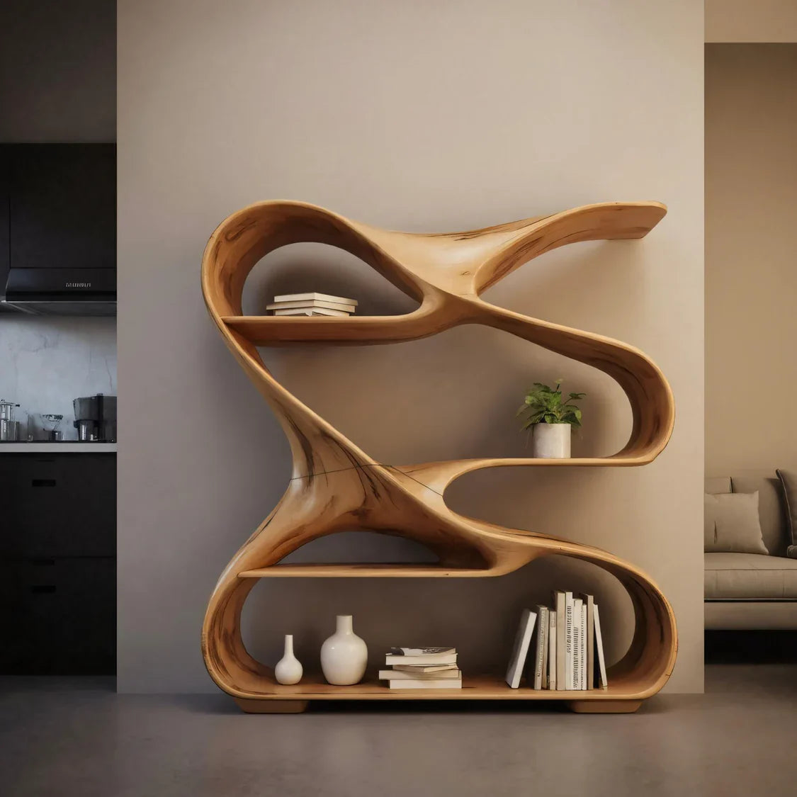 Modern Sculptural Wooden Bookshelf For Living Room Or Office Display