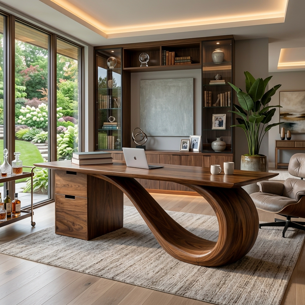 Modern Wooden Desk With Curved Base For Office