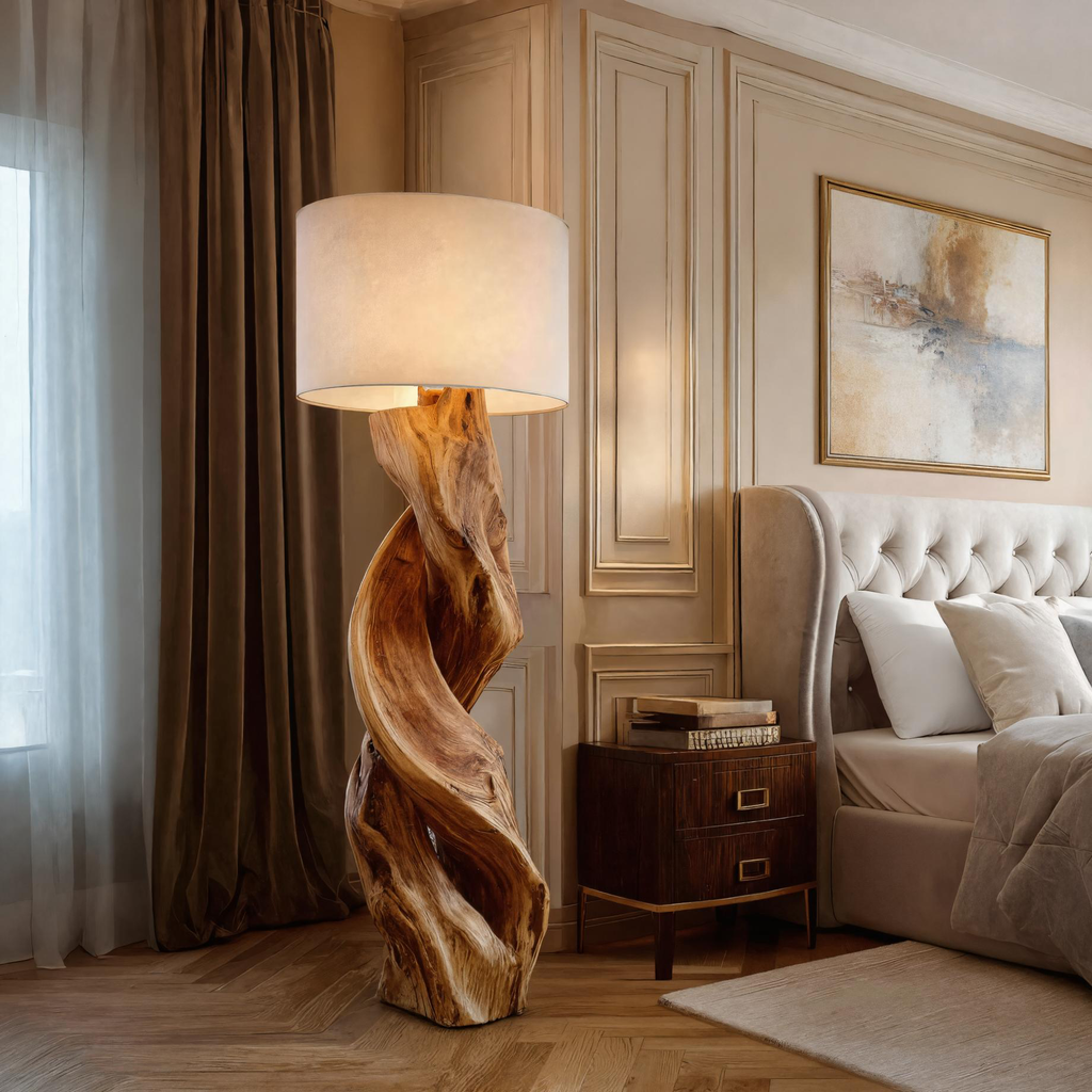 Rustic Sculptural Floor Lamp With Twisted Base For Bedroom