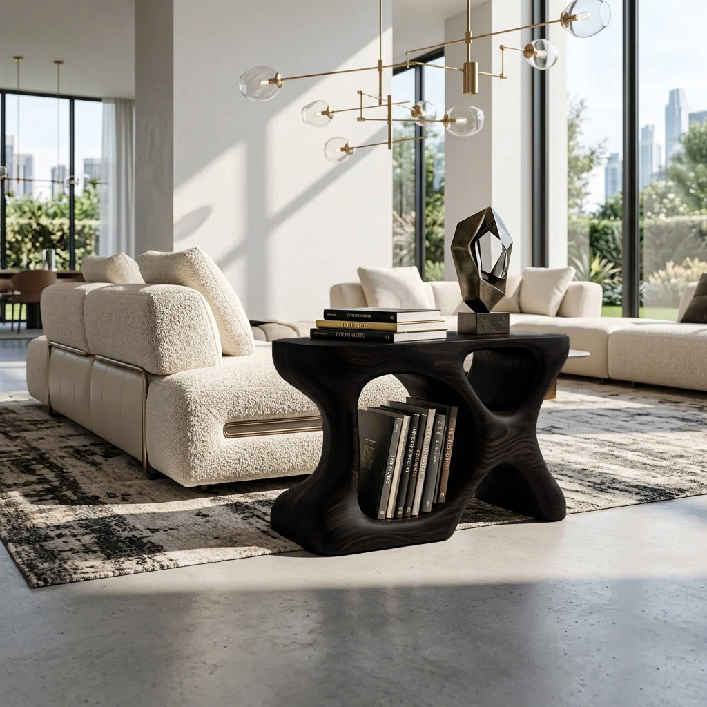 Minimalist Sculptural Wood Side Table With Organic Shape And Storage For Modern Living Room