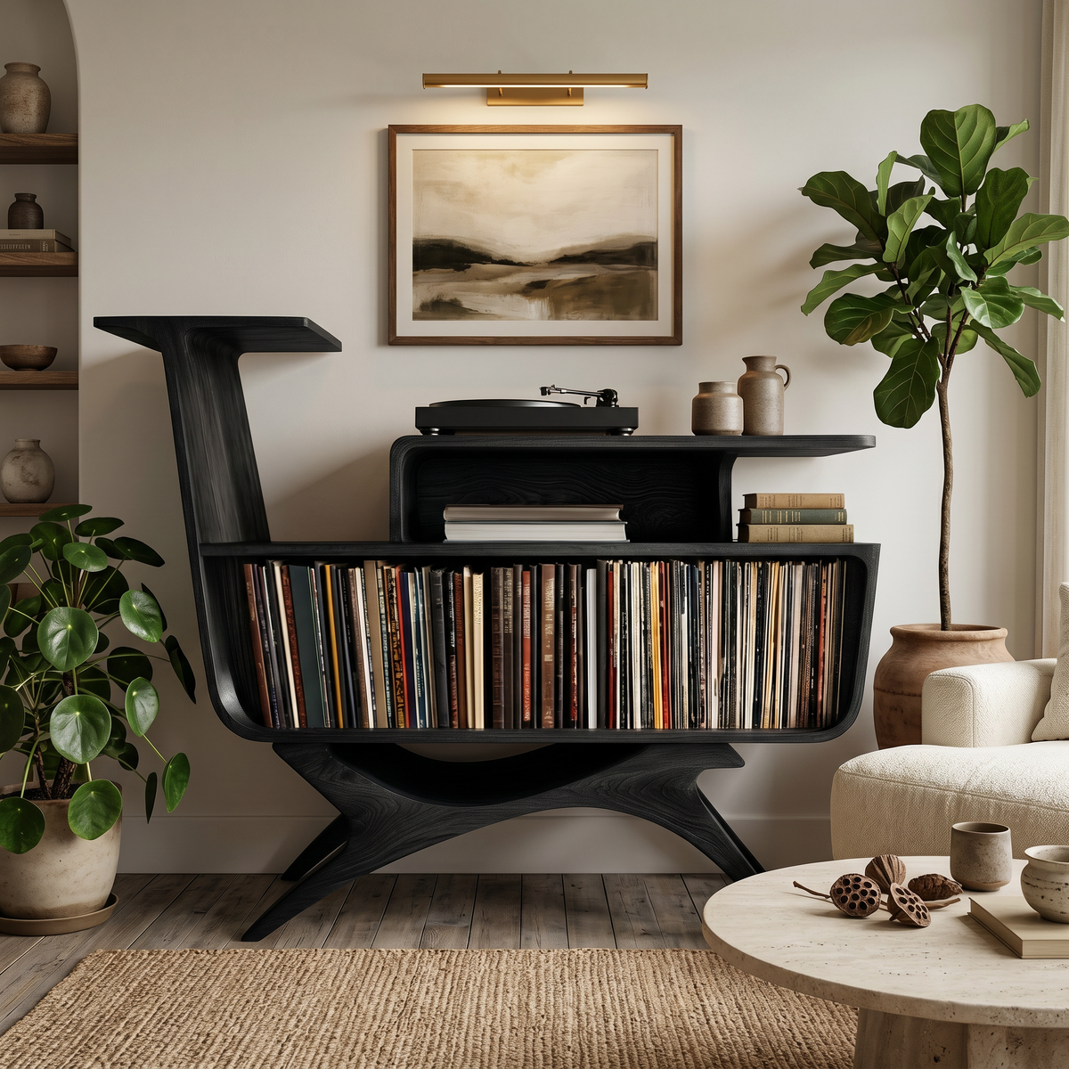 Modern Wooden Record Player Stand With Open Frame For Living