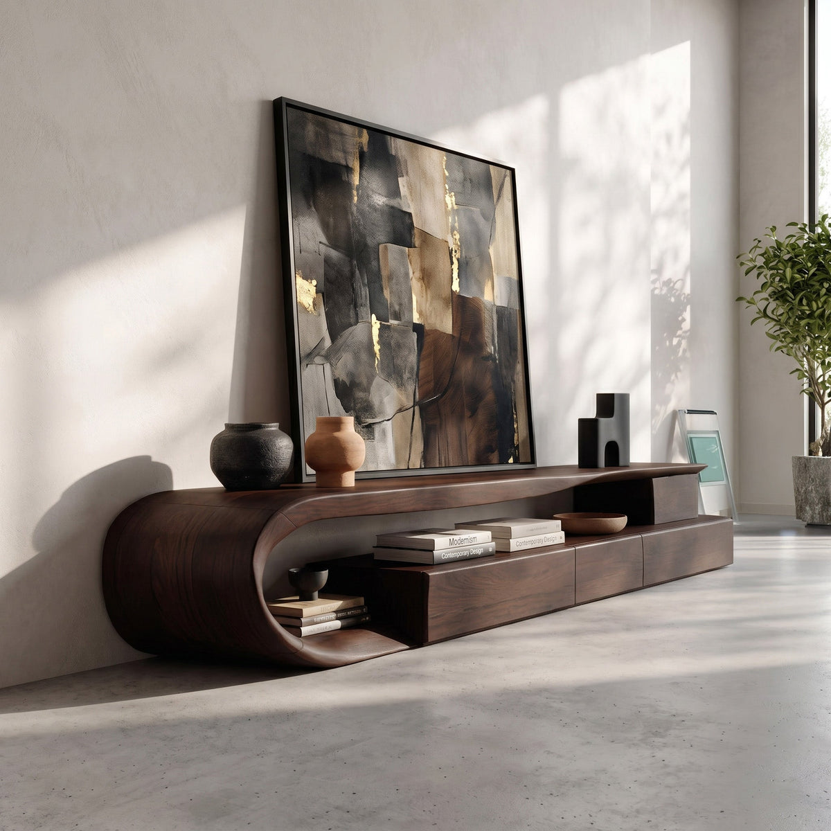 Modern Curved TV Console With Drawer For Living Room
