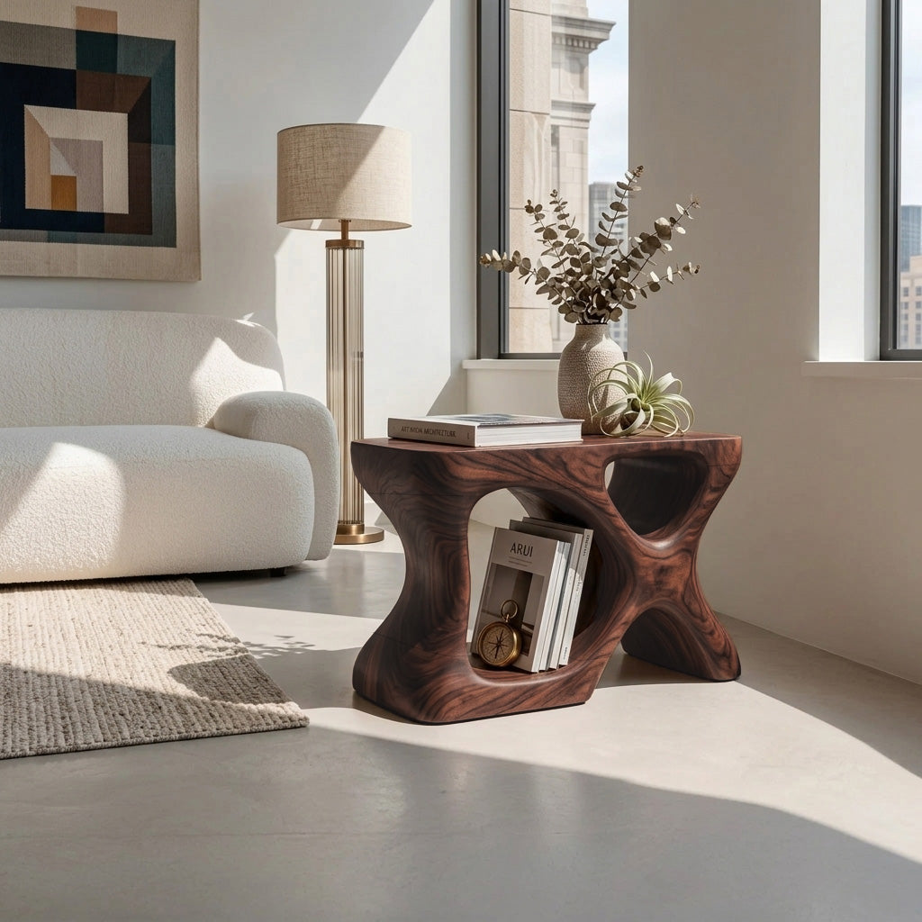 Minimalist Sculptural Wood Side Table With Organic Shape And Storage For Modern Living Room