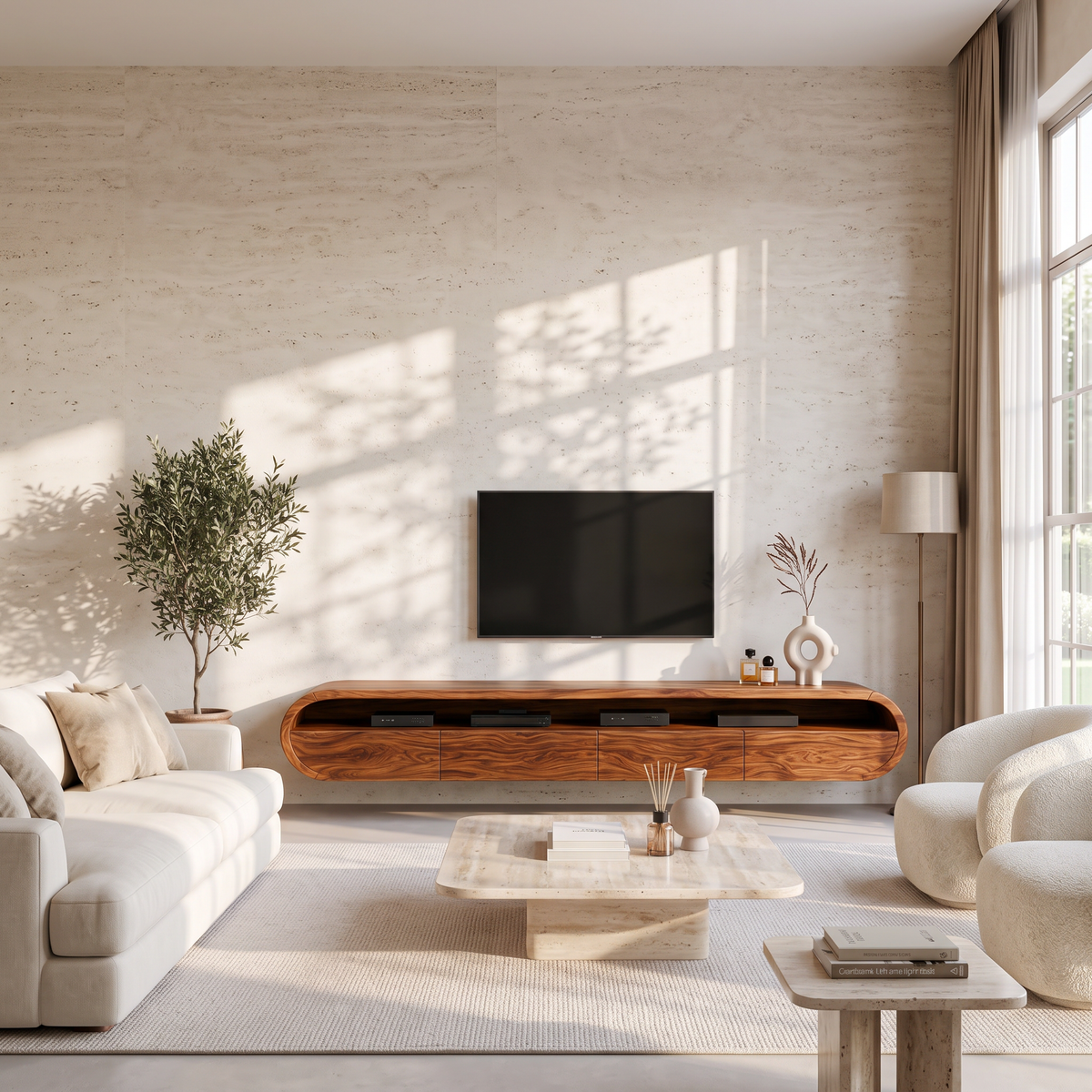 Modern Floating TV Console With Rounded Design For Living Room