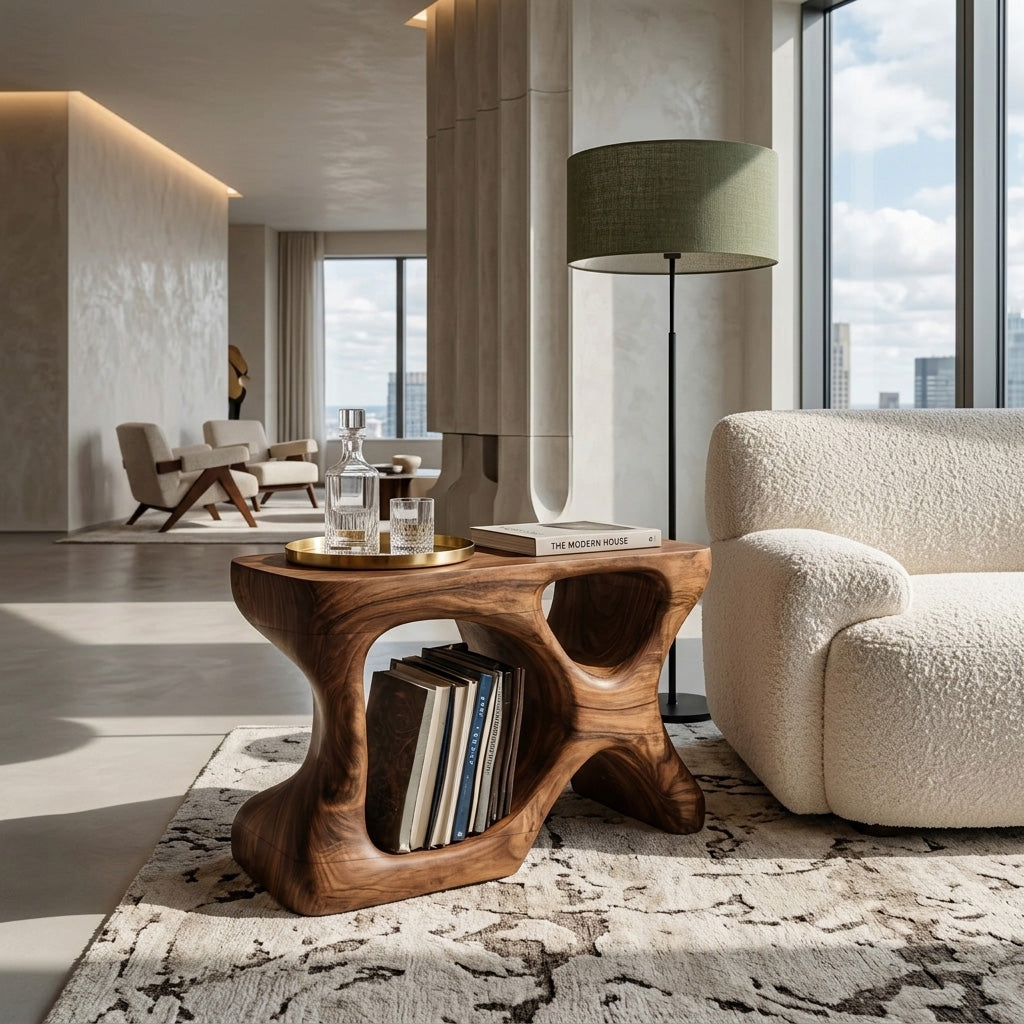 Minimalist Sculptural Wood Side Table With Organic Shape And Storage For Modern Living Room