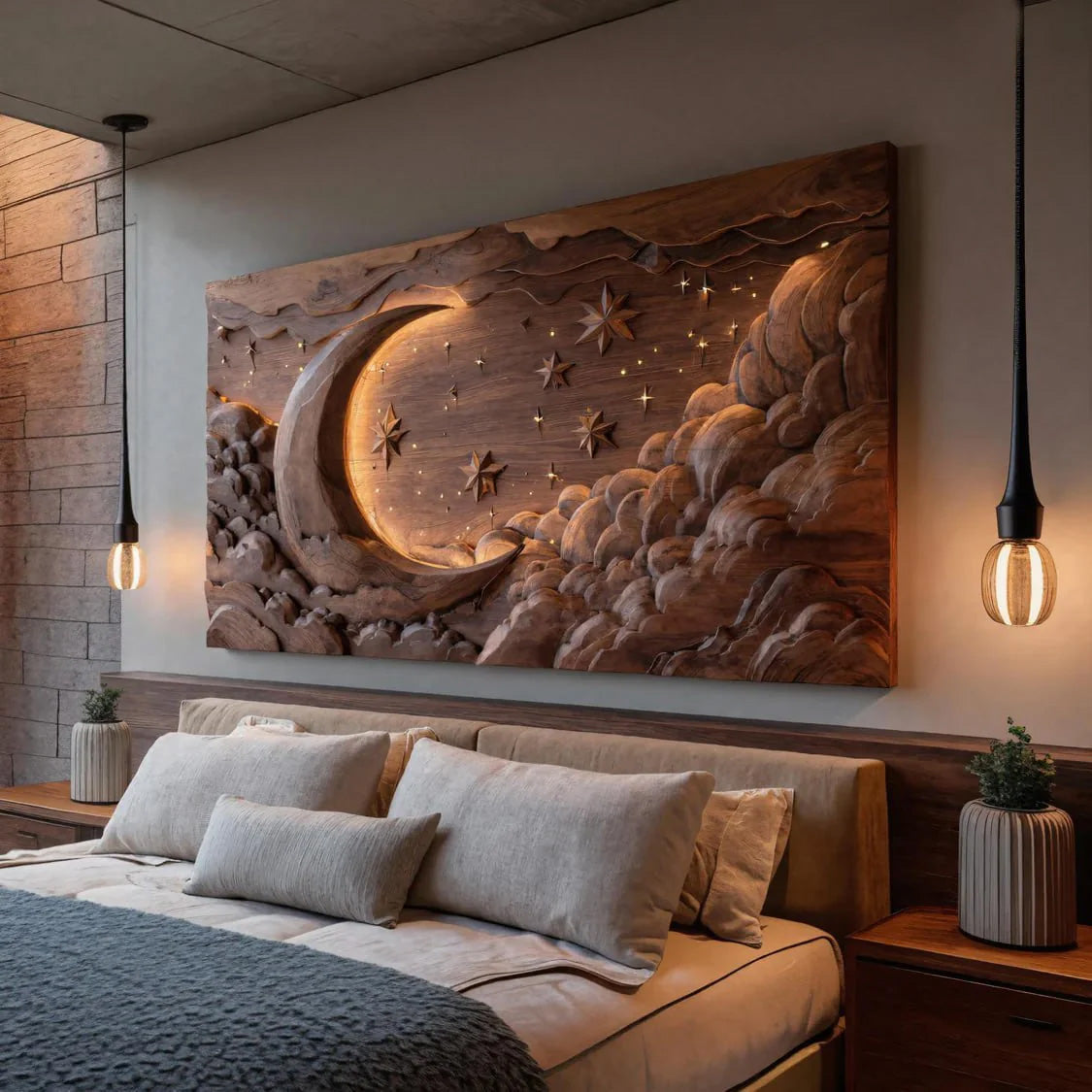 Hand Carved Wall Art Moon And Stars Panel With LED For Bedroom