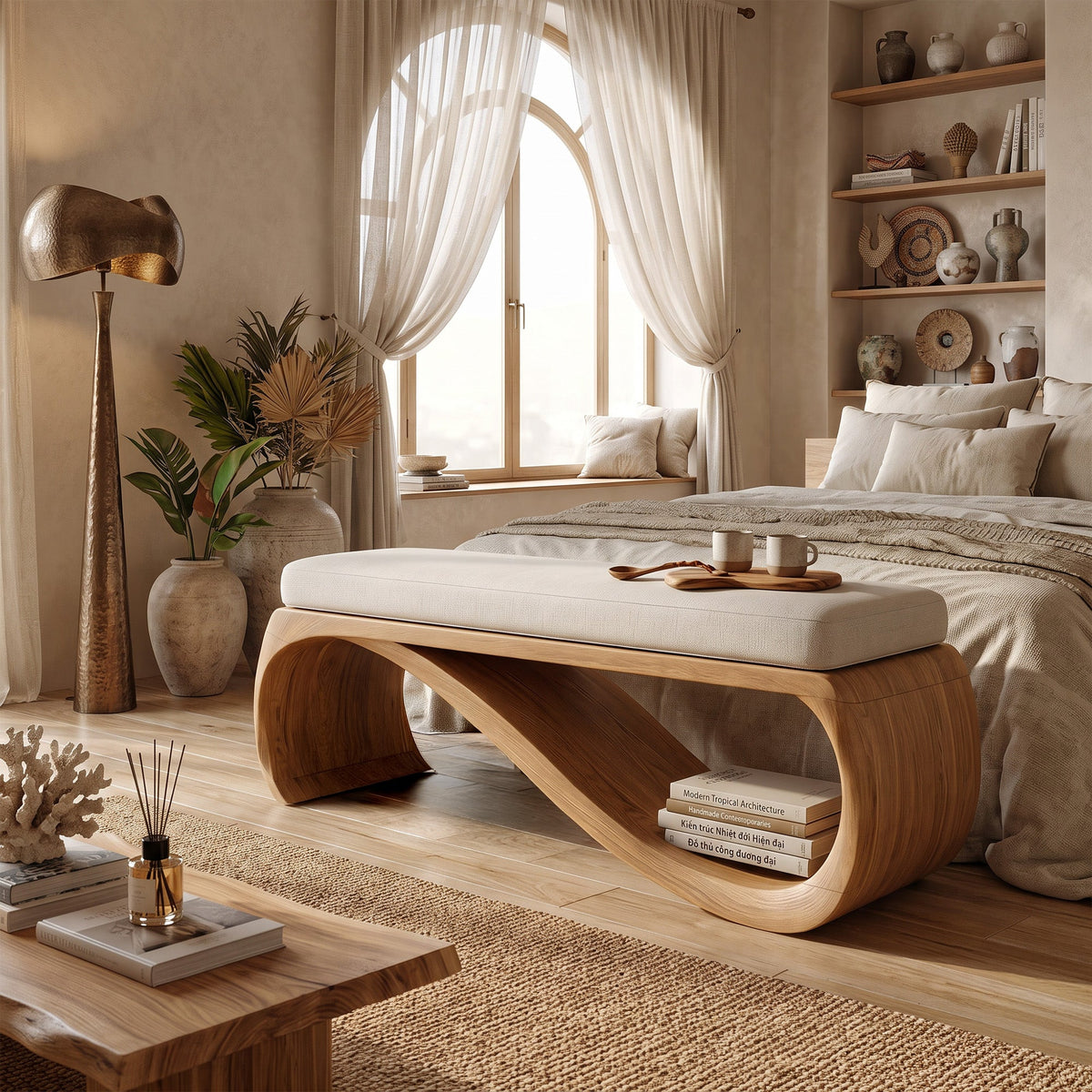 Mid Century Wooden Bench For End-of-Bed Placement