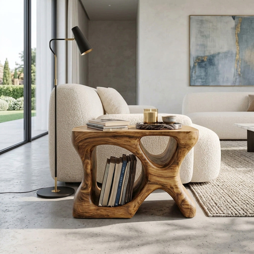 Minimalist Sculptural Wood Side Table With Organic Shape And Storage For Modern Living Room