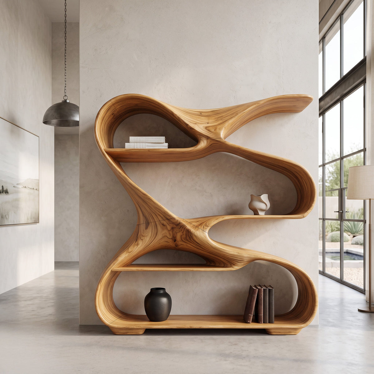 Modern Sculptural Wooden Bookshelf For Living Room Or Office Display