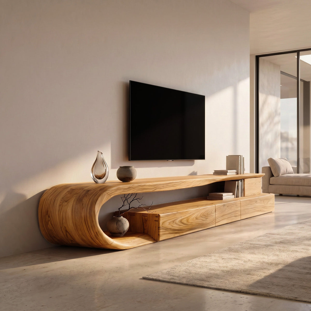 Modern Curved TV Console With Drawer For Living Room
