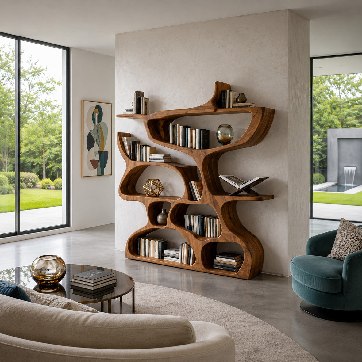 Modern Bookshelf With Organic Carved Design For Living Room Or Office