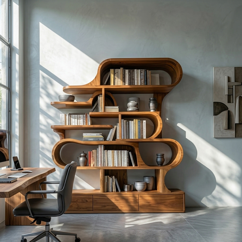 Modern Sculptural Bookshelf With Curved Design For Living Room Or Office