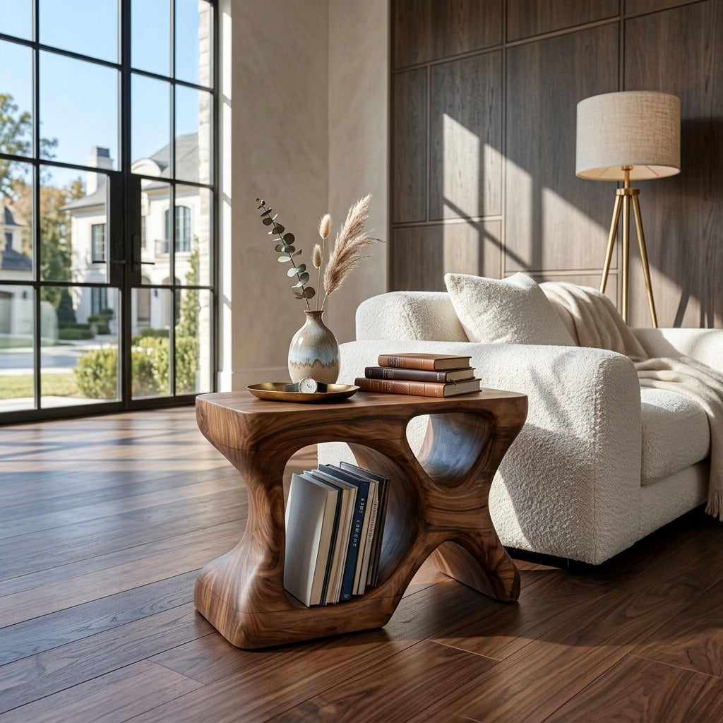 Minimalist Sculptural Wood Side Table With Organic Shape And Storage For Modern Living Room