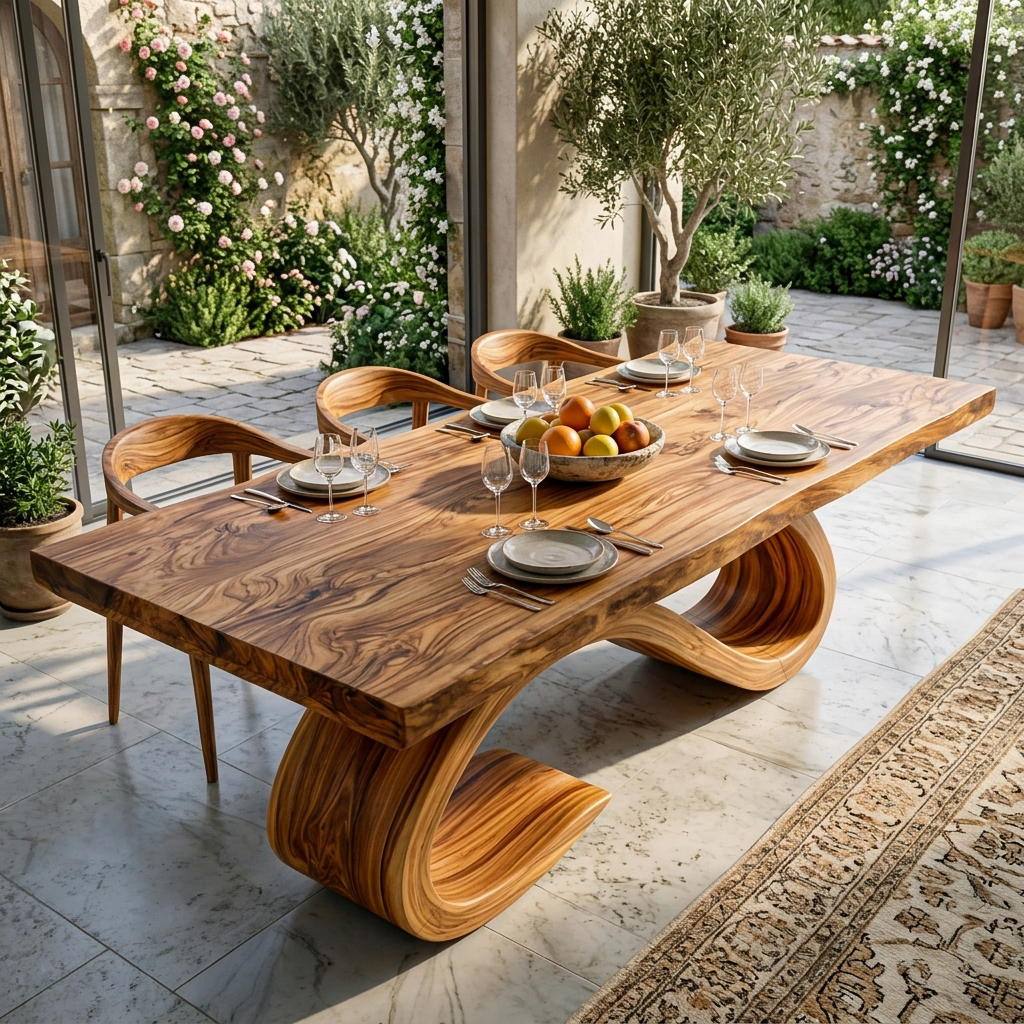 Modern Wooden Dining Table With Curved Base For Dining Area