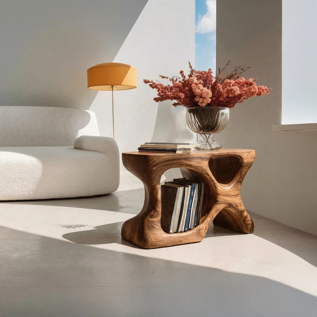 Minimalist Sculptural Wood Side Table With Organic Shape And Storage For Modern Living Room