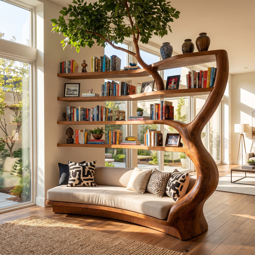 Authentic Hand-Carved Solid Wood Tree Bookshelf Daybed