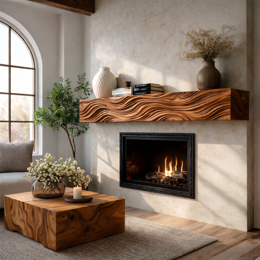 Wooden Fireplace Mantel With Wave Carved For Modern Home Decor