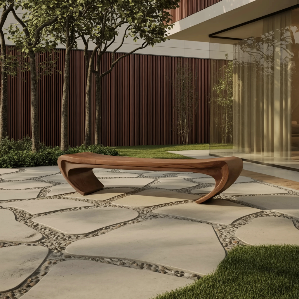 Modern Sculptural Wood Bench For Entryway Or Living Room