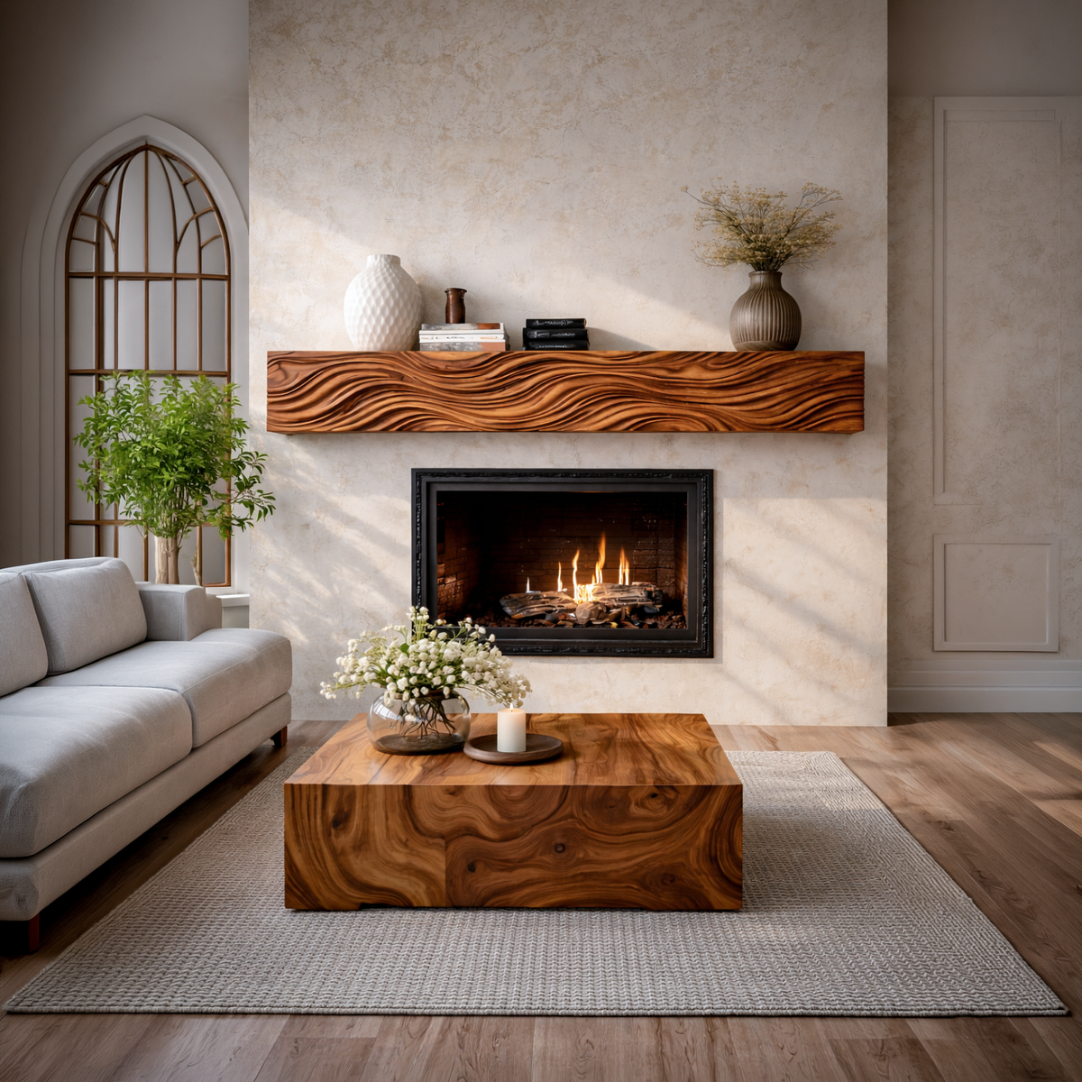 Wooden Fireplace Mantel With Wave Carved For Modern Home Decor