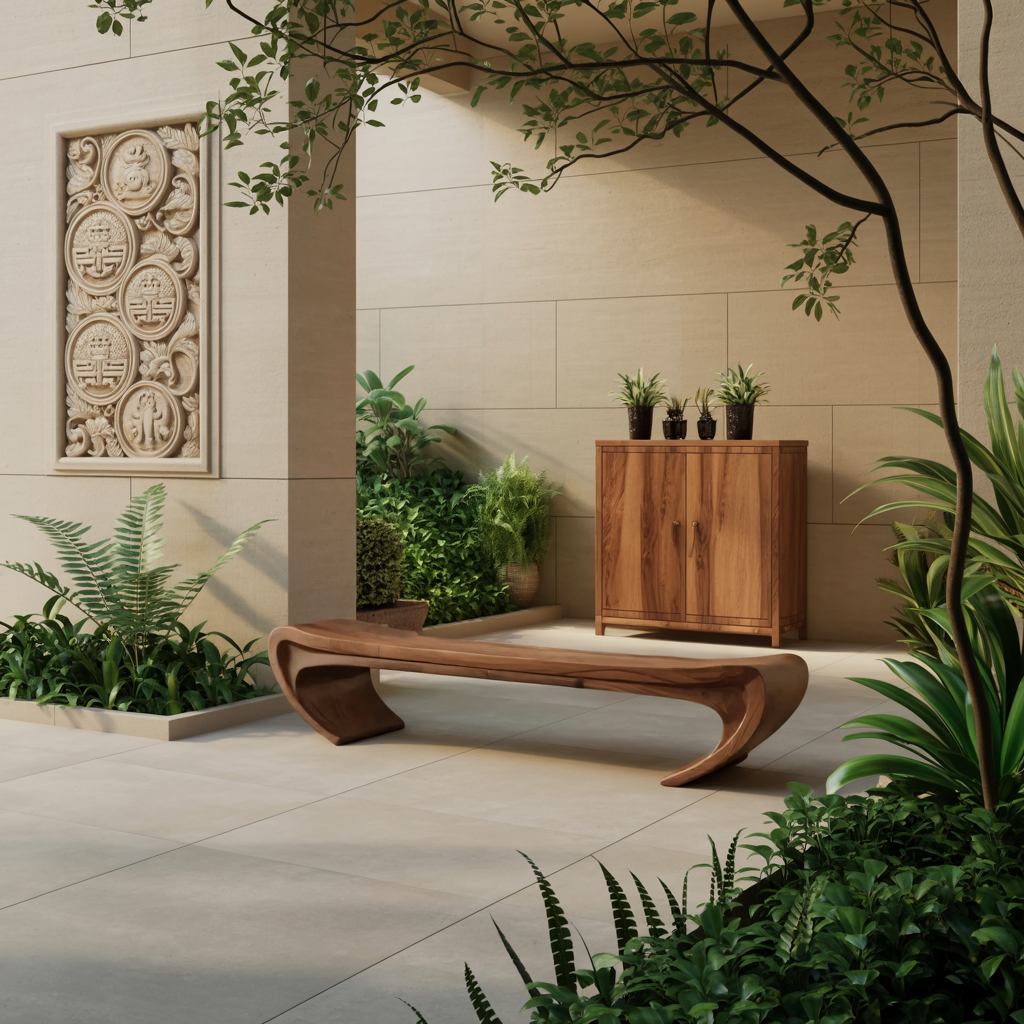 Modern Sculptural Wood Bench For Entryway Or Living Room