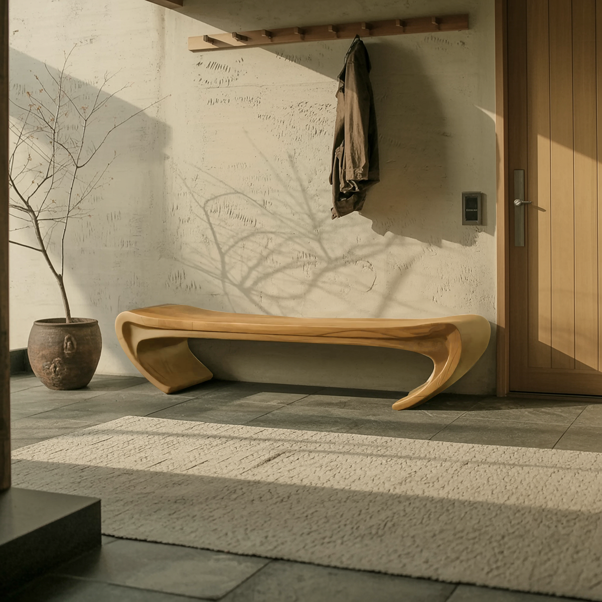 Modern Sculptural Wood Bench For Entryway Or Living Room